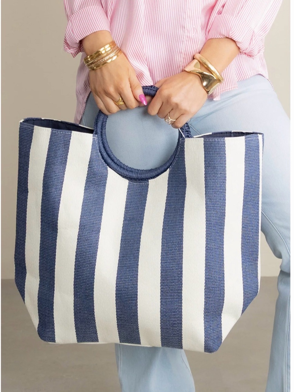 Navy and White Striped Circle-Handle Tote
